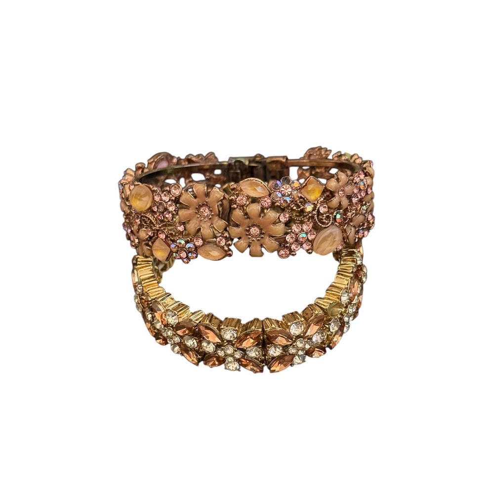 Charter Club Floral Crystal Bangle Stretch Bracelet Set Rose Gold Gold Tone 2pc